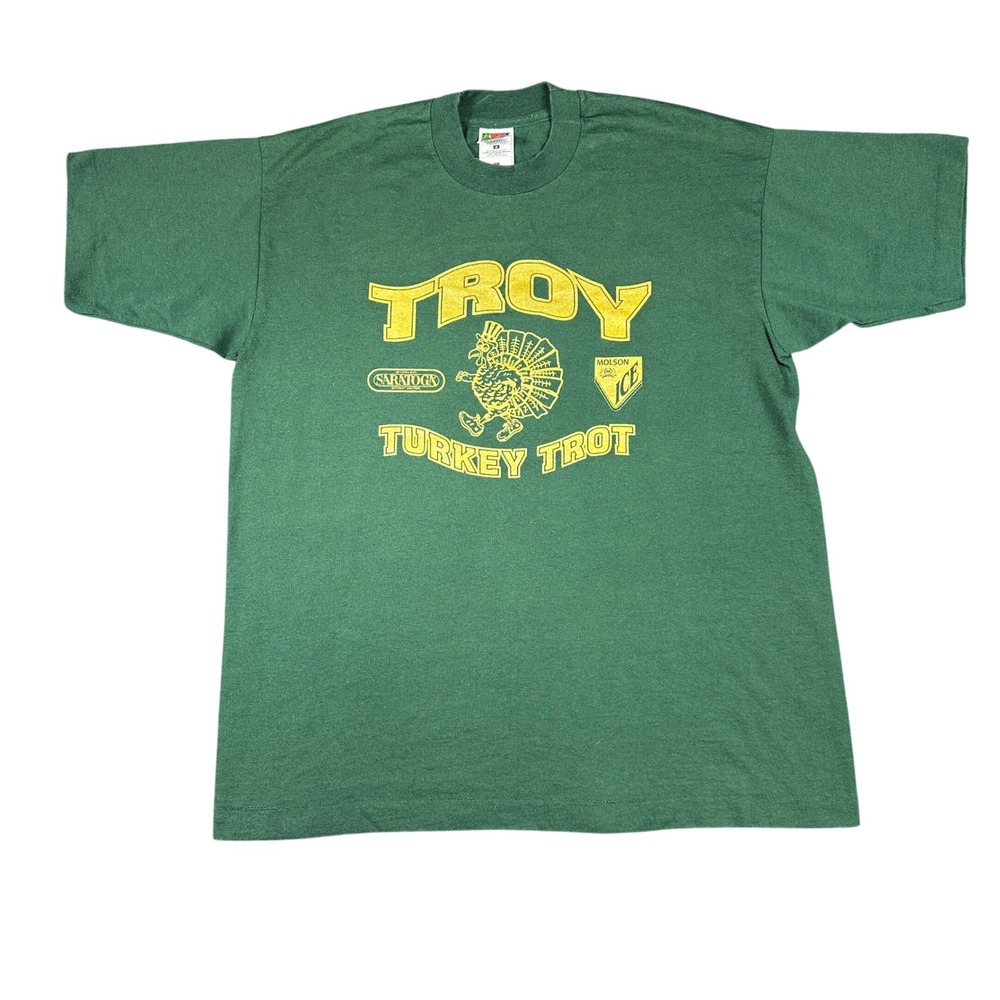 Vintage 90s Troy Turkey Trot T Shirt Fruit of Loom BEST Single Stitch Green L